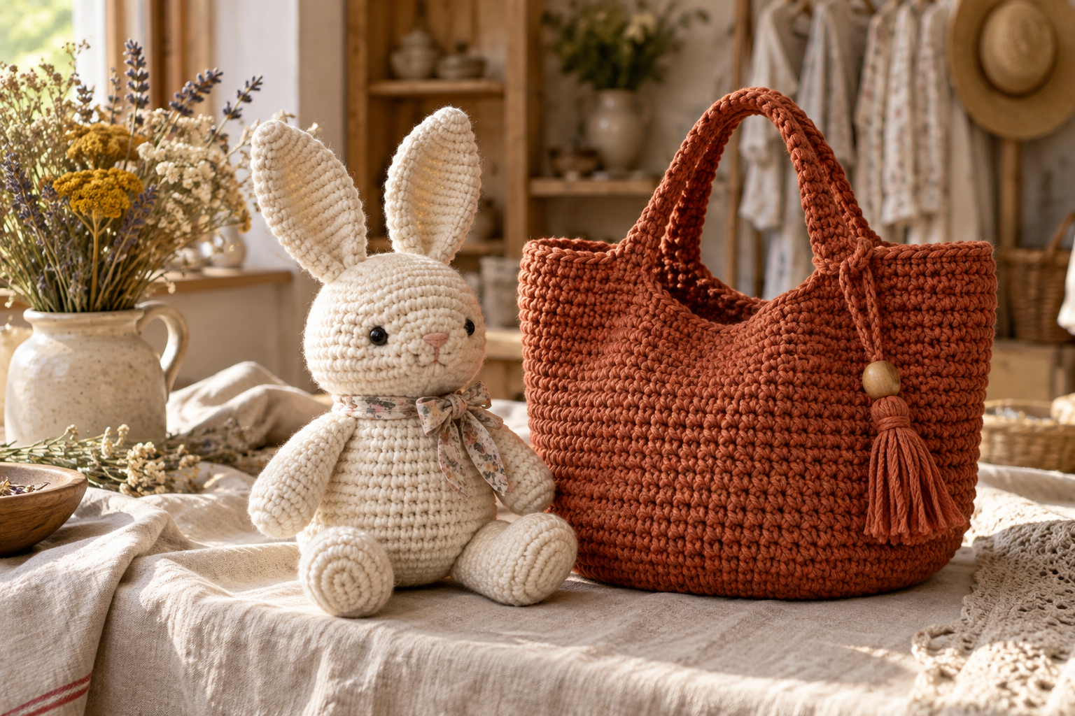 Composition d’objets au crochet dans des tons doux