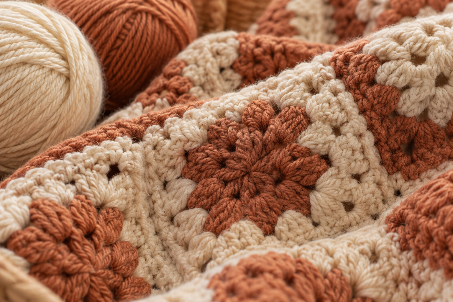 Détail de mailles au crochet couleur crème et terracotta